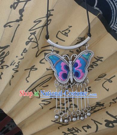 Chinese Miao Sliver Traditional Embroidered Blue Butterfly Necklace Hmong Ornaments Minority Headwear for Women