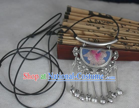 Chinese Miao Sliver Traditional Embroidered Lilac Necklace Hmong Ornaments Minority Headwear for Women