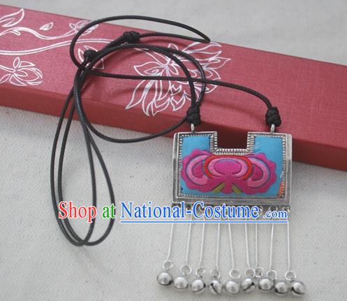 Chinese Miao Sliver Traditional Embroidered Blue Necklace Hmong Ornaments Minority Longevity Lock Headwear for Women