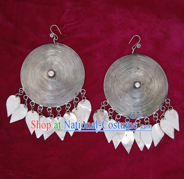 Traditional Chinese Miao Sliver Eardrop Ornaments Hmong Sliver Earrings for Women