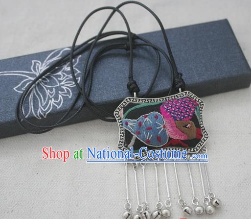 Chinese Miao Sliver Traditional Embroidered Necklace Hmong Ornaments Minority Longevity Lock Headwear for Women