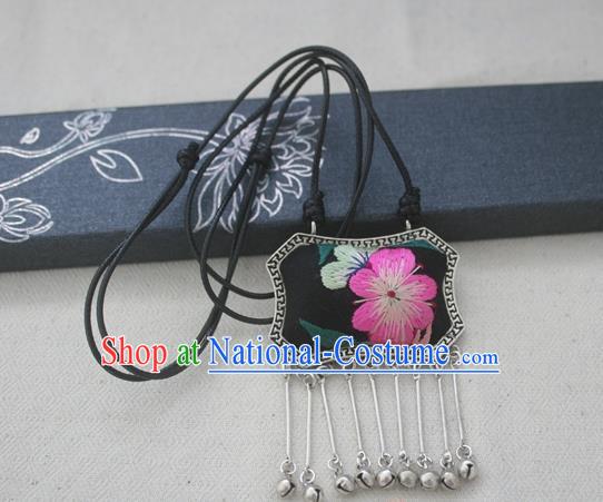 Chinese Miao Sliver Traditional Embroidered Black Necklace Hmong Ornaments Minority Longevity Lock Headwear for Women