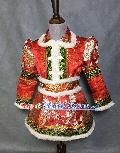 Chinese Traditional Mongol Nationality Red Robe, China Mongolian Minority Folk Dance Ethnic Costume for Kids