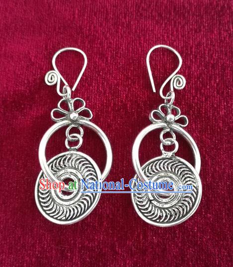 Chinese Miao Sliver Traditional Earrings Hmong Ornaments Minority Longevity Lock Headwear for Women