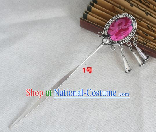 Traditional Chinese Miao Nationality Embroidered Pink Hair Clip Hanfu Sliver Hairpins Hair Accessories for Women