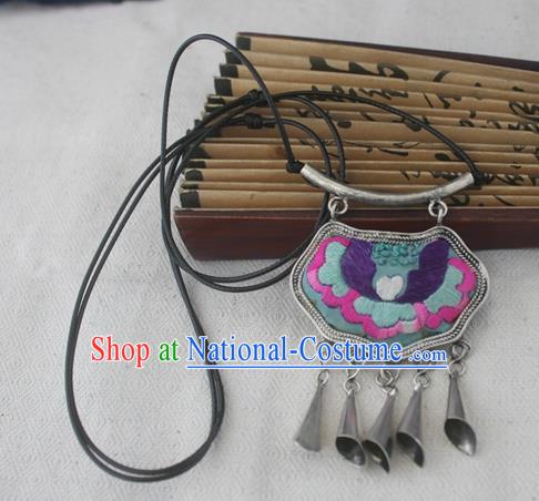 Chinese Miao Sliver Traditional Necklace Hmong Ornaments Minority Embroidered Longevity Lock Headwear for Women