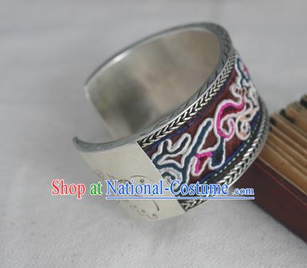 Handmade Chinese Miao Sliver Ornaments Embroidered Bracelet Traditional Hmong Sliver Bangle for Women