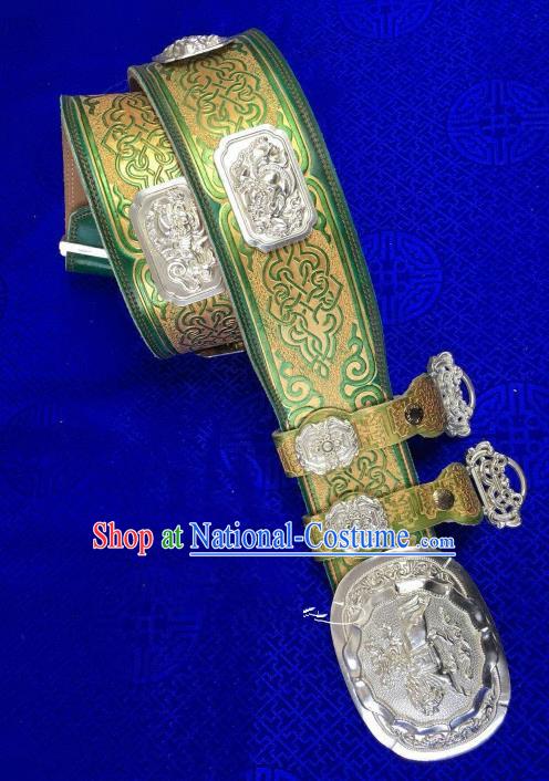 Traditional Chinese Mongol Nationality Green Leather Waistband Mongolian Robe Belts for Men