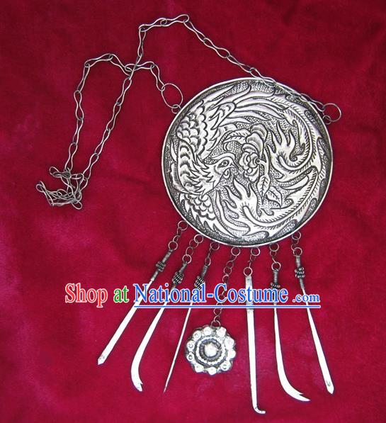 Traditional Chinese Miao Sliver Necklace Ornaments Hmong Sliver Carving Phoenix Necklet for Women