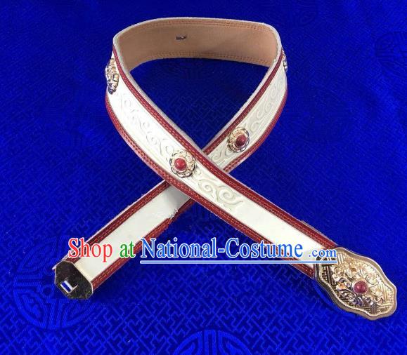 Traditional Chinese Mongol Nationality Waistband Mongolian Robe White Leather Belts for Women