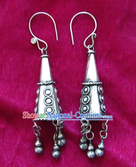 Traditional Chinese Miao Sliver Trumpet Earrings Ornaments Hmong Sliver Carving Eardrop for Women