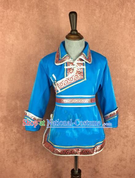 Chinese Traditional Mongol Nationality Blue Clothing, China Mongolian Minority Folk Dance Ethnic Costume for Kids