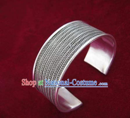 Handmade Chinese Miao Sliver Ornaments Wide Bracelet Traditional Hmong Sliver Bangle for Women