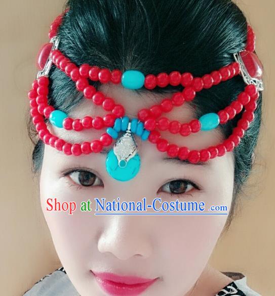 Chinese Traditional Mongol Stage Performance Hair Accessories, Mongolian Folk Dance Red Beads Hair Clasp Headwear for Women