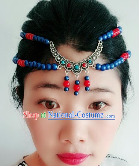 Chinese Traditional Mongol Stage Performance Tassel Hair Accessories, Mongolian Folk Dance Blue Beads Hair Clasp Headwear for Women