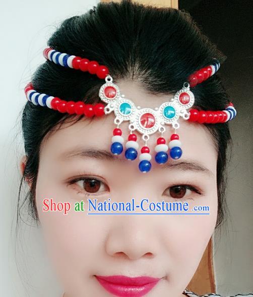 Chinese Traditional Mongol Stage Performance Red Beads Tassel Hair Accessories, Mongolian Folk Dance Hair Clasp Headwear for Women