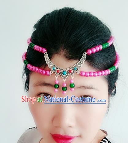 Chinese Traditional Mongol Stage Performance Pink Beads Tassel Hair Accessories, Mongolian Folk Dance Hair Clasp Headwear for Women