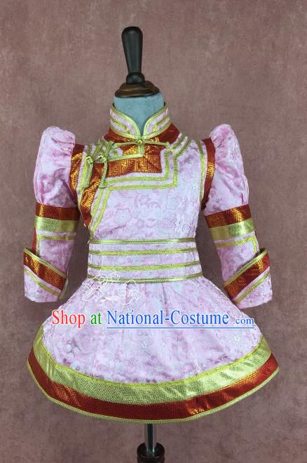 Chinese Traditional Mongol Nationality Pink Clothing, China Mongolian Minority Folk Dance Ethnic Costume for Kids