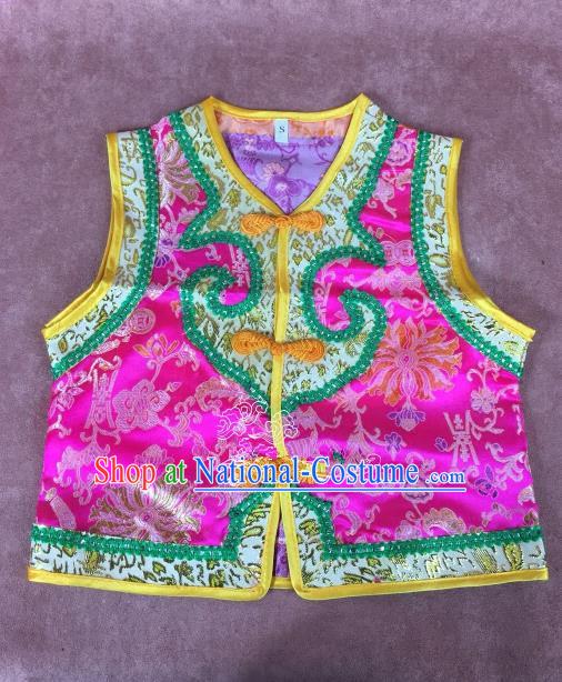 Chinese Traditional Mongol Nationality Pink Vest, China Mongolian Minority Folk Dance Waistcoat Ethnic Costume for Kids