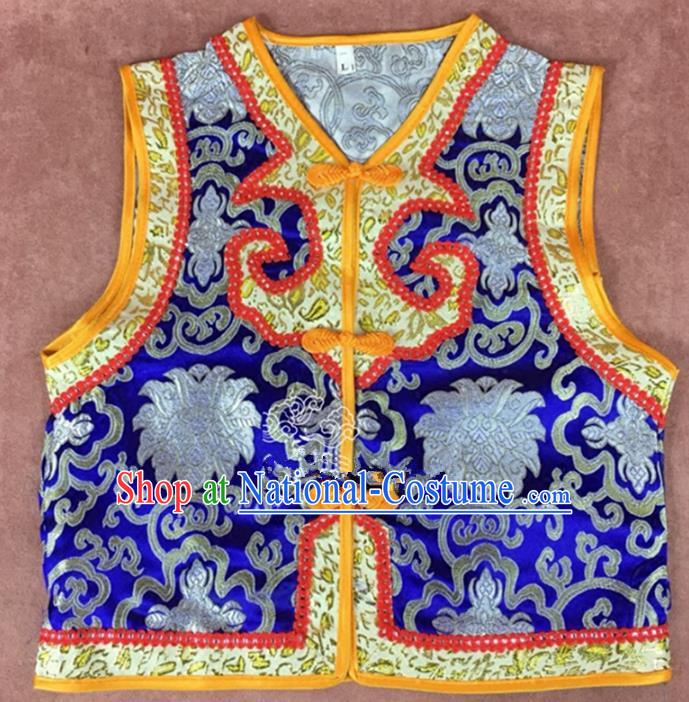 Chinese Traditional Mongol Nationality Royalblue Vest, China Mongolian Minority Folk Dance Waistcoat Ethnic Costume for Kids