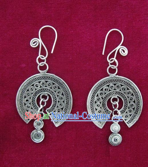 Traditional Chinese Miao Sliver Earrings Hmong Ornaments Minority Eardrop for Women