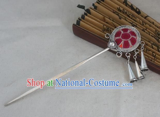 Traditional Chinese Miao Nationality Embroidered Red Hair Clip Hanfu Sliver Hairpins Hair Accessories for Women