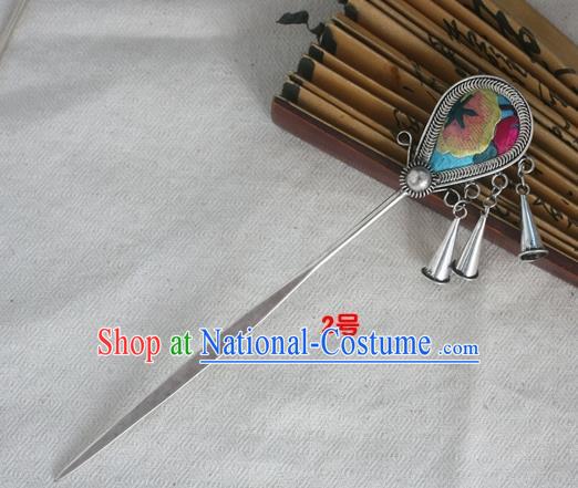 Traditional Chinese Miao Nationality Embroidered Blue Hair Clip Hanfu Sliver Hairpins Hair Accessories for Women