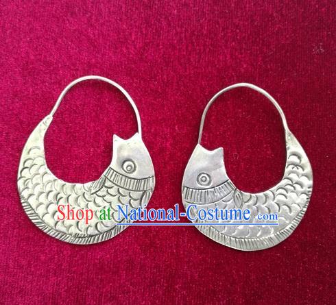 Traditional Chinese Miao Sliver Fishes Earrings Hmong Ornaments Minority Eardrop for Women