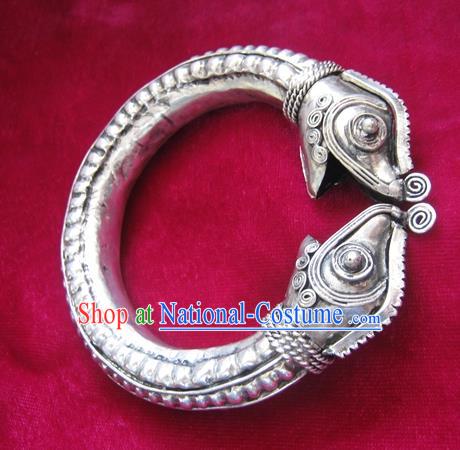 Handmade Chinese Miao Nationality Mandarin Duck Bracelet Traditional Hmong Sliver Bangle for Women