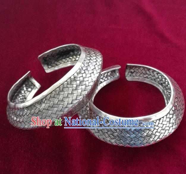 Handmade Chinese Miao Nationality Wide Bracelet Traditional Hmong Sliver Bangle for Women