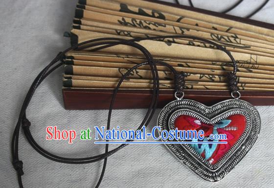 Traditional Chinese Miao Sliver Embroidered Red Necklace Hmong Ornaments Minority Sweater Chain for Women