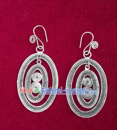 Traditional Chinese Miao Sliver Oval Earrings Hmong Ornaments Minority Headwear for Women