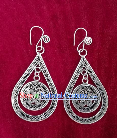 Traditional Chinese Miao Sliver Earrings Hmong Ornaments Minority Headwear for Women