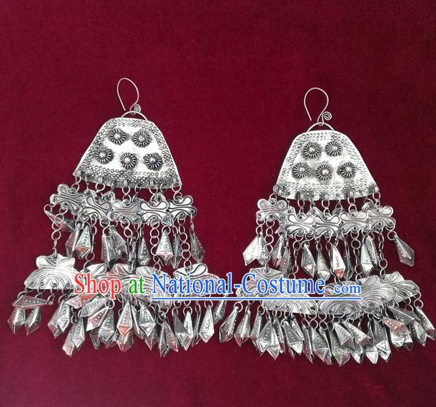 Traditional Chinese Miao Sliver Tassel Earrings Hmong Ornaments Minority Headwear for Women