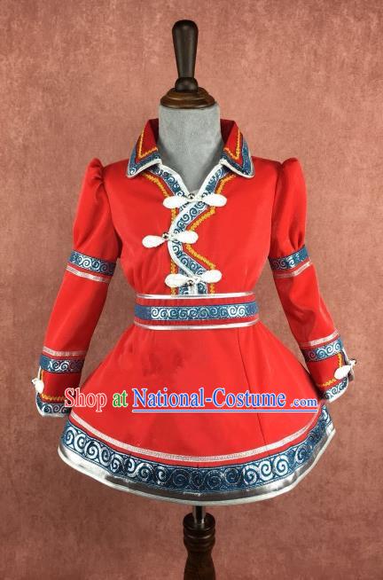 Chinese Traditional Girls Red Mongolian Robe Ethnic Costume, China Mongolian Minority Folk Dance Clothing for Kids