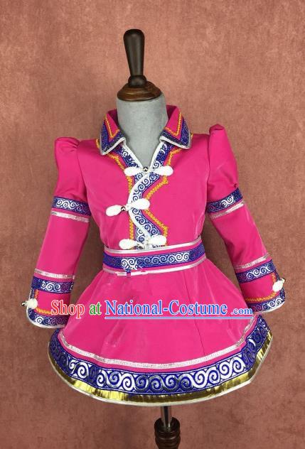 Chinese Traditional Girls Rosy Mongolian Robe Ethnic Costume, China Mongolian Minority Folk Dance Clothing for Kids