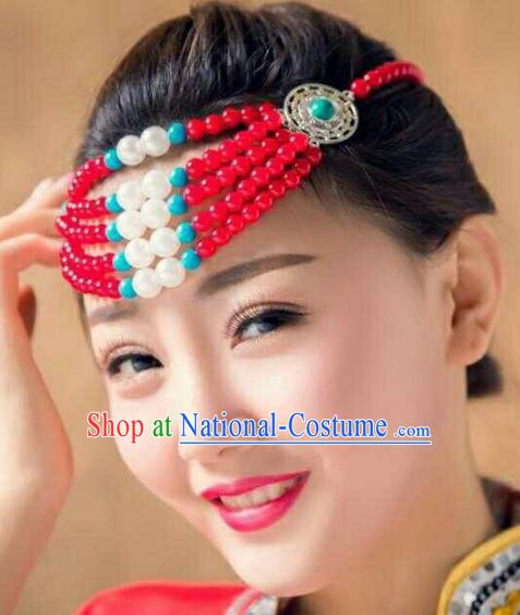 Chinese Traditional Mongol Stage Performance Hair Accessories, Mongolian Folk Dance Red Beads Headwear for Women