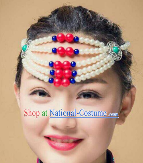 Chinese Traditional Mongol Stage Performance Hair Accessories, Mongolian Folk Dance White Beads Headwear for Women