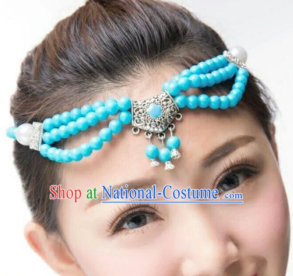 Chinese Traditional Mongol Stage Performance Blue Beads Hair Accessories, Mongolian Folk Dance Headwear for Women