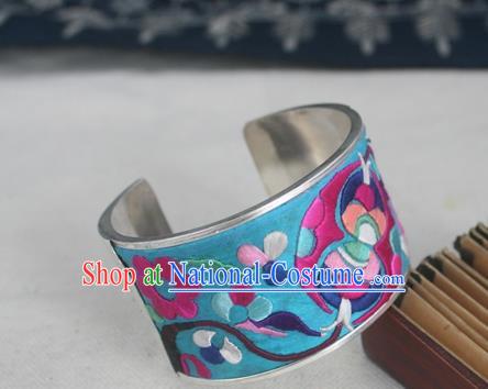 Handmade Chinese Miao Nationality Embroidered Blue Bracelet Traditional Hmong Sliver Bangle for Women