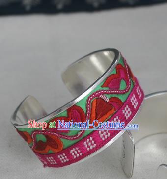 Handmade Chinese Miao Nationality Green Embroidered Flowers Sliver Bracelet Traditional Hmong Bangle for Women