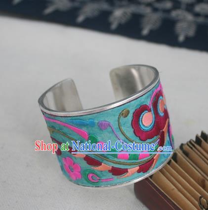 Handmade Chinese Miao Nationality Embroidered Flowers Sliver Bracelet Traditional Hmong Bangle for Women