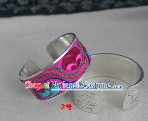 Handmade Chinese Miao Nationality Rosy Embroidered Flowers Sliver Bracelet Traditional Hmong Bangle for Women