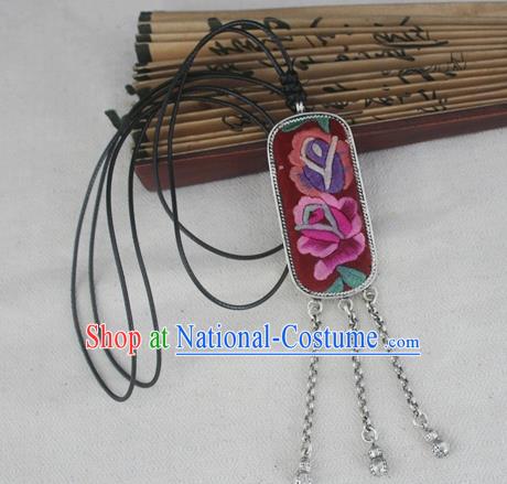 Chinese Miao Sliver Traditional Embroidered Peony Necklace Hmong Ornaments Minority Embroidered Longevity Lock Headwear for Women