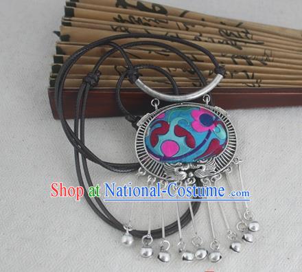 Chinese Miao Sliver Traditional Embroidered Blue Necklace Hmong Ornaments Minority Bells Tassel Longevity Lock for Women