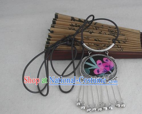 Chinese Miao Sliver Traditional Embroidered Black Necklace Hmong Ornaments Minority Bells Tassel Longevity Lock for Women