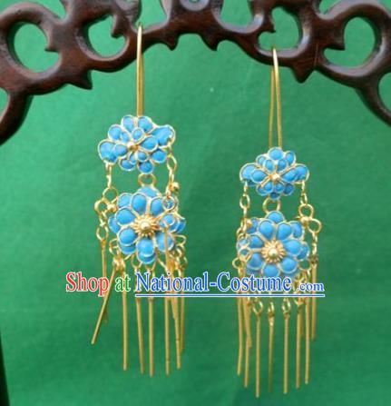 Chinese Traditional Ornaments Accessories Ancient Miao Minority Blue Flowers Earrings for Women