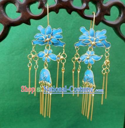 Chinese Traditional Ornaments Accessories Ancient Miao Minority Blue Lotus Earrings for Women