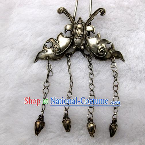 Chinese Traditional Miao Nationality Bronze Butterfly Tassel Hair Clip Hair Accessories Hairpins Headwear for Women