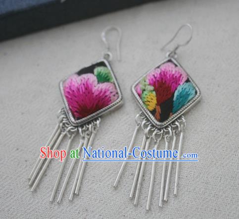 Chinese Traditional Miao Sliver Earrings Hmong Ornaments Accessories Minority Embroidered Flower Eardrop for Women